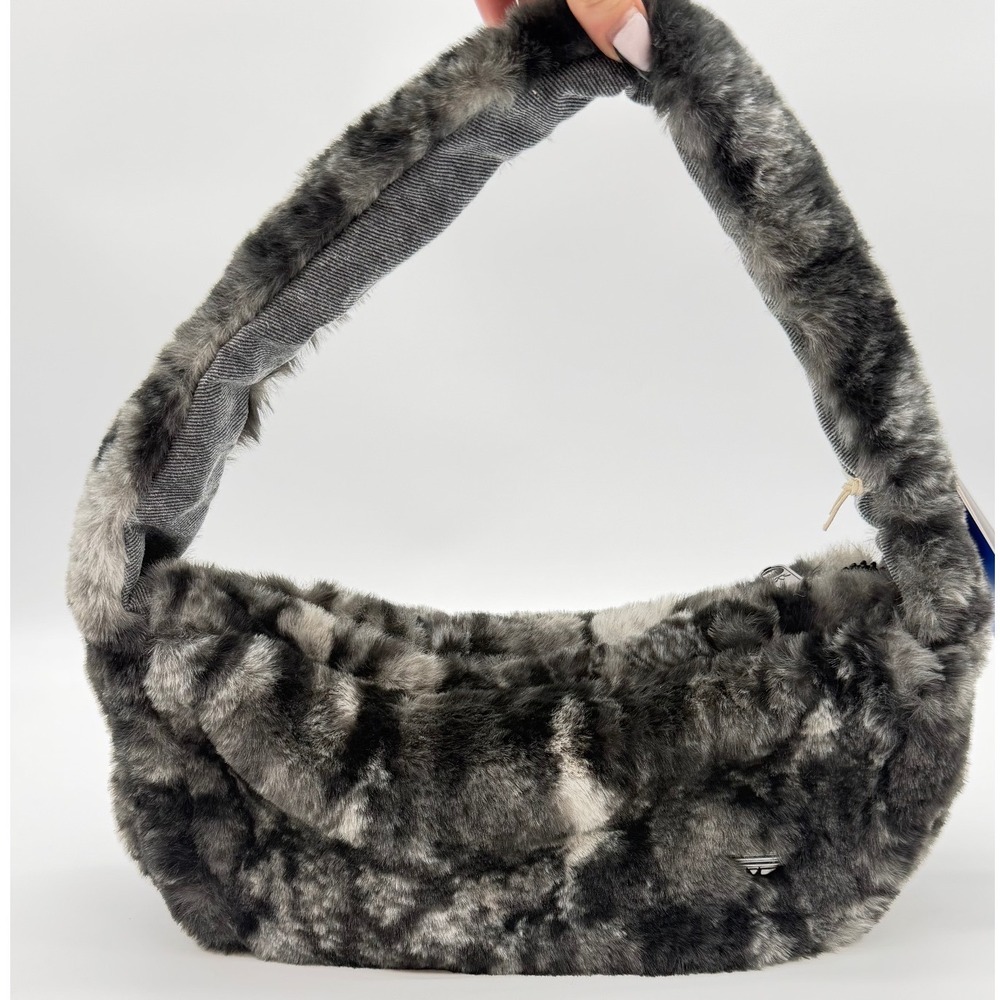 Adidas Faux Fur Small Shoulder Bag Black Grey Marbled Mob Wife Fluffy NEW